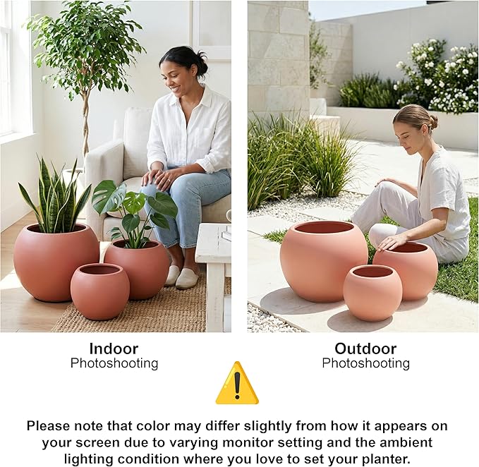 DTY Mount Sherman 16.1'' D x 13.6'' H (Pot Opening 11.8") Fiberstone Round Planter with Drainage Hole, Smooth Finishes, Weather Resistant for Indoor and Outdoor, 2 Extra Coco Mats - Terracotta, Medium