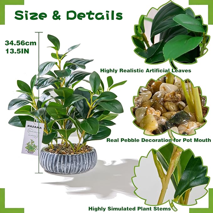 NASAMA Realistic Artificial Potted Plant, Faux Indoor Greenery for Home Office Living Room Bookshelf Bathroom Decor, Low-Maintenance Space-Saving Fake Plants with Modern Decorative Vase