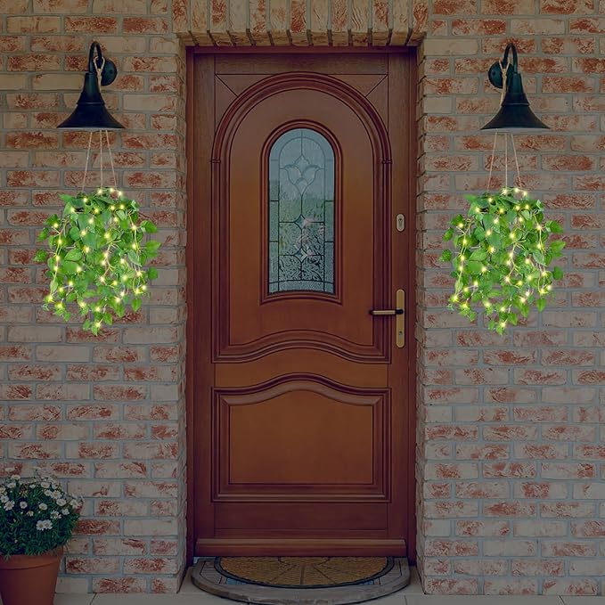 TNNTOPELE 2 Pack Hanging Plant Fake Hanging Plants with LED Lights, Artificial Hanging Plant with Pots, Artificial Plants for Home Decor Wall Indoor Outdoor Office Decor