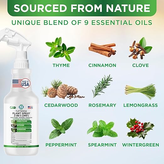 Plant Spray 3-in-1 Insecticide, Miticide, Fungicide | Natural Bug Spray, Indoor & Outdoor Plants | Essential Oils & Castile Soap | Aphids, Mites, Whiteflies, Thrips, Mildew, Mold | 32oz