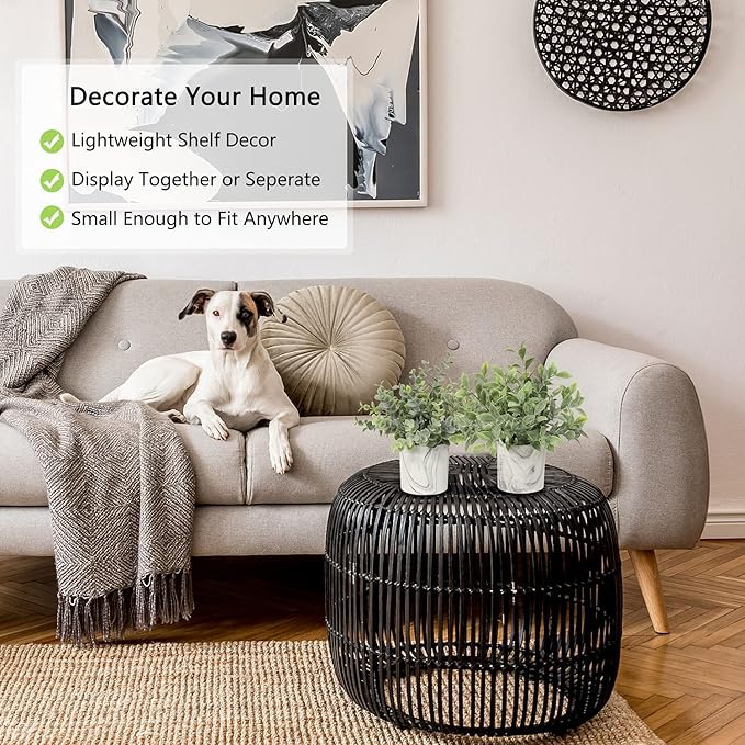 Hollyone Mini Artificial Potted Plants Fake Plants in Marble Pots, 3Pcs Plastic Eucalyptus Greenery Faux Plants for Home Office Desk Room Centerpiece Shelf Décor