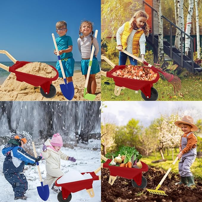 Qtioucp Kids Gardening Tools Outdoor Toys Set Backyard Play with Wheelbarrow Educational STEM Learning Pretend Toys Outdoor Indoor for Toddlers Kids Boys Girls (Red Wheelbarrow Set)