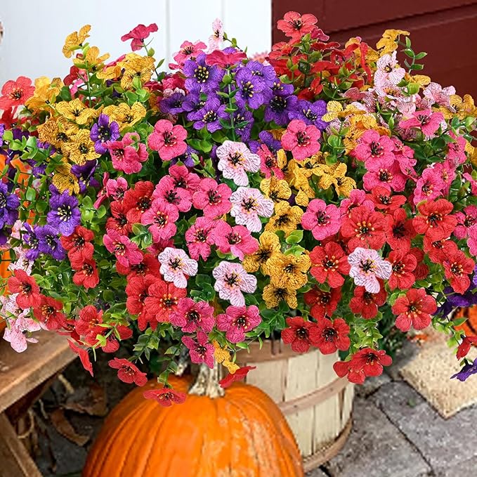 trytuny Artificial Flowers for Outdoor, UV Resistant Fake Silk Flowers, Realistic Faux Plants for Outside Indoor Porch Patio Window Box Planter Home Decor (20, Yellow Purple Rosy Pink Red)