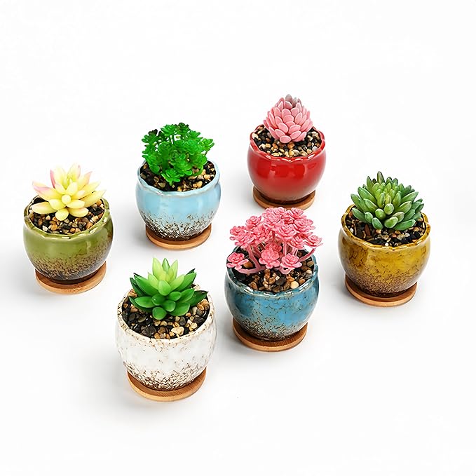Cute Circular Ceramic Home Garden Decoration Succulent Cactus Flower Pots Container with Bamboo Tray -Plant Not Included (White, 3.9 Inch)