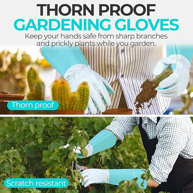 HANDLANDY Long Gardening Gloves for Men & Women, Thorn Proof Rose Pruning Gloves Leather Gauntlets Garden Glove Yard Work Glove (Teal Green, X-Small)