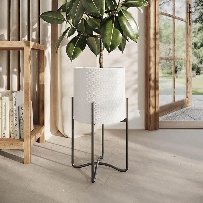 EverNest Claire Mid-Century Modern White Plant Pot with Ambrose Stand, SelectBase, Indoor Plant Pot, Bohemian Style, Minimalist Plant Home Décor (Set of 3, Black)