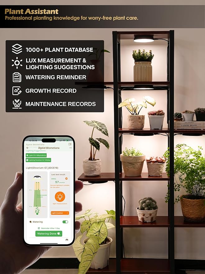 GLOWRIUM Grow Lights for Indoor Plants, 32W Smart Full Spectrum LED Grow Light, Auto Timer and Stepless Dimming,Plant Assistant with Watering Reminder,Modular Design (Black, 4PCS)