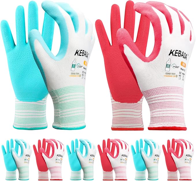 Kebada Gardening Gloves for Women, 6 Pairs Latex Coated Women Yard Work Gloves, High Visibility, Medium, Aqua & Red