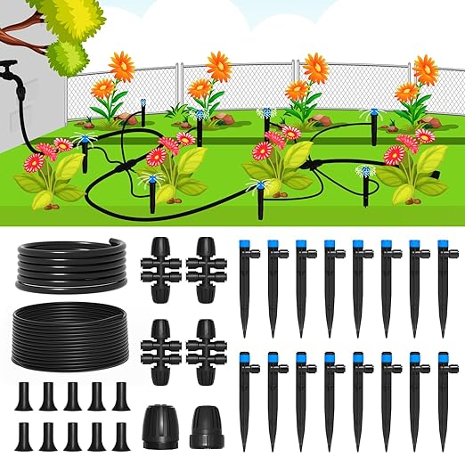 MIXC Drip Irrigation System,Quick Connector Garden Watering System Automatic Sprinkler System Kit for Lawn Raised Bed Greenhouse Plant Watering System (16FT Main Tube+ 79FT 1/4'' Tube)