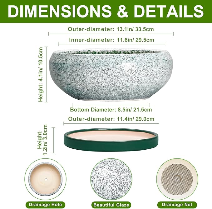 Bonsai Pots 13 Inch - Shallow Ceramic Planter with Drainage Hole and Saucer, Round Succulent Pots for Indoor Outdoor, Large Succulent Planter, Apartment Decor, Gardening Gifts, Green