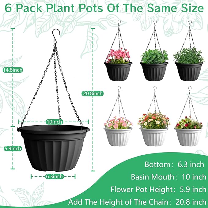 FGstyle Hanging Planters 10 Inch, 6 Pcs Self Watering Pots for Indoor Plants, Plastic Hanging Basket with Soil Elevator and 20" Chain for Home Garden Porch Balcony Patio Decor (Black & White)