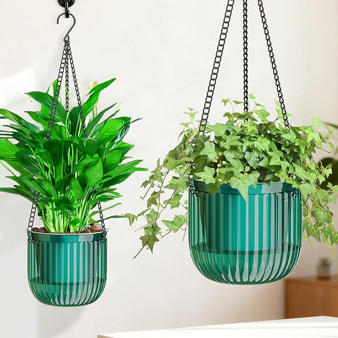 Halatool 2 Pack Hanging Planters Indoor Plant Pots, 6.5" & 8.3" Self Watering Hanging Basket Flower Pot, Translucent Plant Hanger with Drainage Holes for Garden Home Wall Decor (Peacock Green)