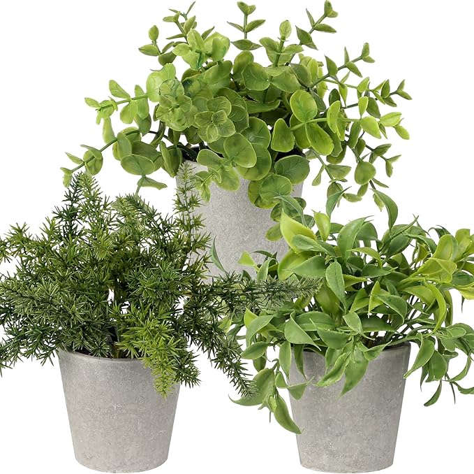 Briful 3PCS Fake Plants Potted Artificial Plants Greenery Faux Fern Eucalyptus Décor Plant for Indoor Home Office Bathroom Harmhouse Decoration