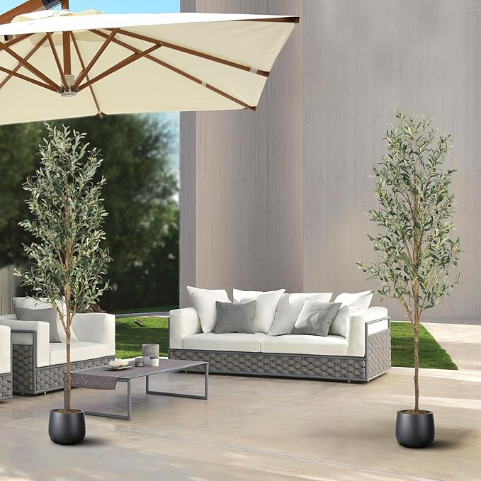 Artificial Fake Olive Tree 7FT Tall 2Pack Faux Silk Olive Tree for Home Living Room Office Decor Faux Artificial Plants Indoor Fake Potted Plants with Fruit & Free Moss