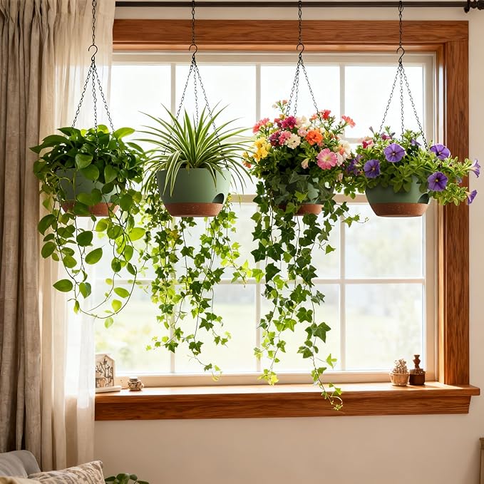 UOUZ 4 Pack 8 Inch Self Watering Hanging Planters for Indoor Outdoor Plants，Hanging Pots for Plants with Drainage Removable Tray, Hanging Baskets Flower Pots for Pothos Spider Garden Green with Brown