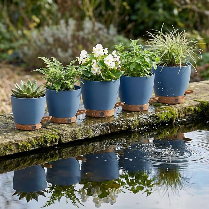 montresor 5-Pack Reservoir & Drainage Plastic Flower Pots (5/5.5/6/6.5/7 Inch) – Ocean Blue Indoor Planters with Wick System for Peace Lily, Fern, Spider Plant