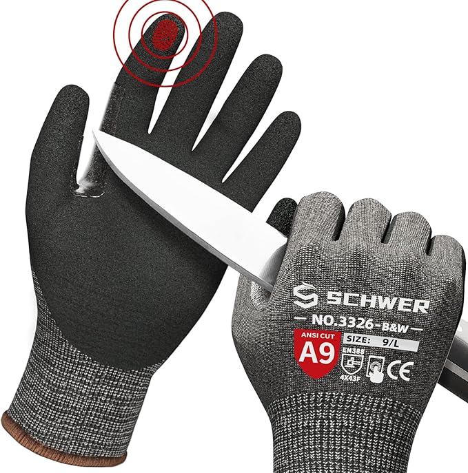 Schwer ProGuard Highest Level Cut Resistant Work Gloves PR3326 for Extreme Protection，ANSI A9 Cut Gloves with Reinforced Thumb, Non Slip, Breathable, Durable, Touch-screen, Black 1 Pair（S）
