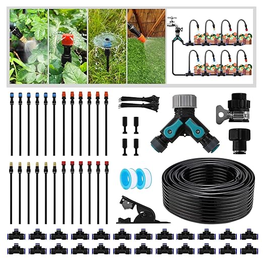 Drip Irrigation Kit - 100ft Automatic Watering System with 24 360° Sprinkler Nozzles, T-Connectors for Garden, Lawn, Greenhouse, Patio Plants & Hydroponics