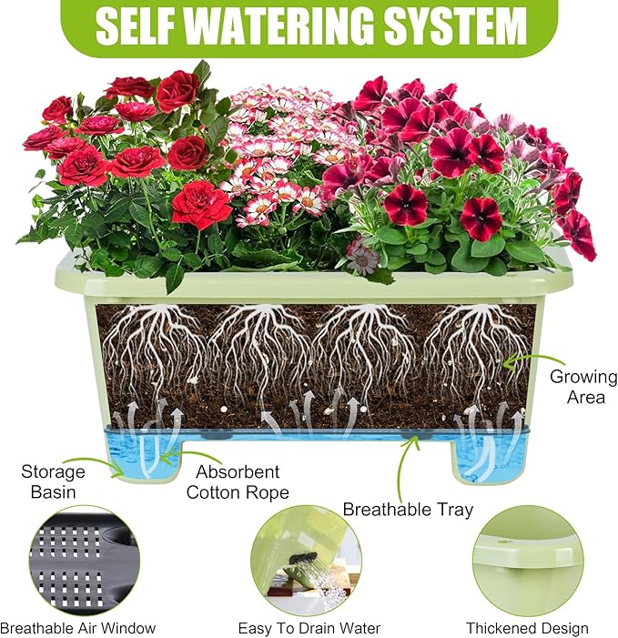 Oliz Self-Watering Rectangle Planter Boxes 8-Pack, 15.7-Inch Window Box Planter with Drainage Holes & Trays, Pots for Vegetables, Herbs, Flowers, Garden Windowsill Balcony (Light Green)