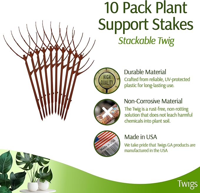 Twigs GA - Stackable Plant Support Stakes, Indoor & Outdoor Houseplant Stem Support, Garden Accessories, Durable Trellis Alternative for Climbing & Potted Plants - Begonia Red, 10 Pack, 17" L