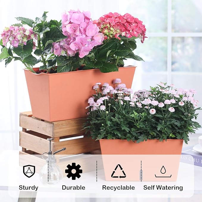 Oliz Window Box Planter 6 Pcs, 12.6 Inches Self Watering Rectangle Flower Plant Pots with Drainage Holes & Breathable Trays, Vegetable Planters for Windowsill Patio Garden Balcony Porch Yard (Orange)
