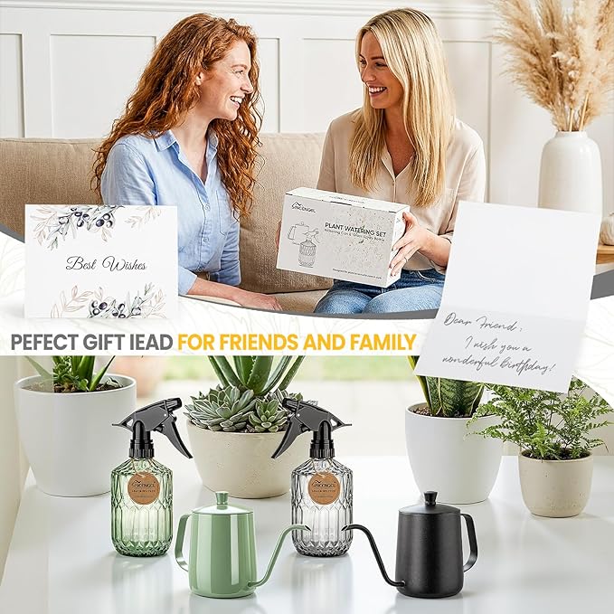 Watering Can Indoor Plants, 20 oz Metal Mini Indoor Watering Can with Long Spout for Houseplants, 13.5 oz Glass Plant Mister Spray Bottle for Bonsai Garden Flower Seedlings (Black/Grey)