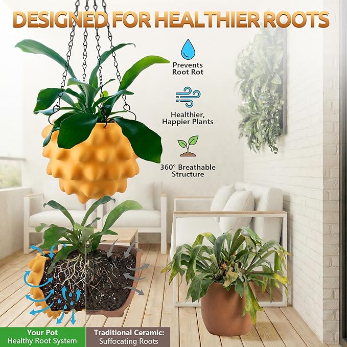 Enhon 6 Inch Hanging Planters for Indoor Plants, Unique Hanging Pots for Plants with Drainage and Hanger Baskets Hangers, Spiked Orb Plant Hanger, Matte Mustard Yellow