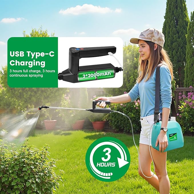 Battery Powered Sprayer 1.35 Gallon, 2026 Electric Garden Sprayer with 3 Adjustable Speeds, 4 Mist Nozzles, Rechargeable Handle, Retractable Wand with Adjustable Shoulder Strap for Weed Lawn(Green)