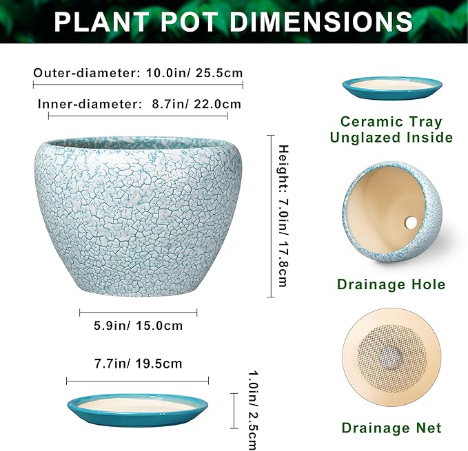 Ceramic Flower Pots - 10 Inch Ceramic Planter with Drainage Hole and Tray, Large Planters for Indoor Outdoor Plants, Decorative Planter, Living Room Decor, Plant Lover Gifts, Crackle Blue
