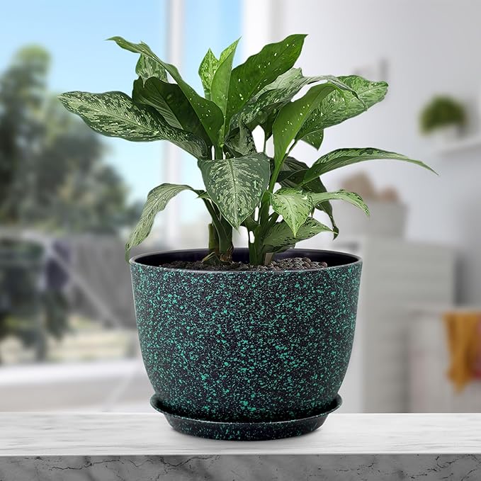 Meowell 12 inch Large Plant Pots, Plastic Planters with Drainage Holes and Saucers, Flower Pots for Indoor Outdoor Plants, Decorative Pots for Garden House Plants, Black with Green Speckles