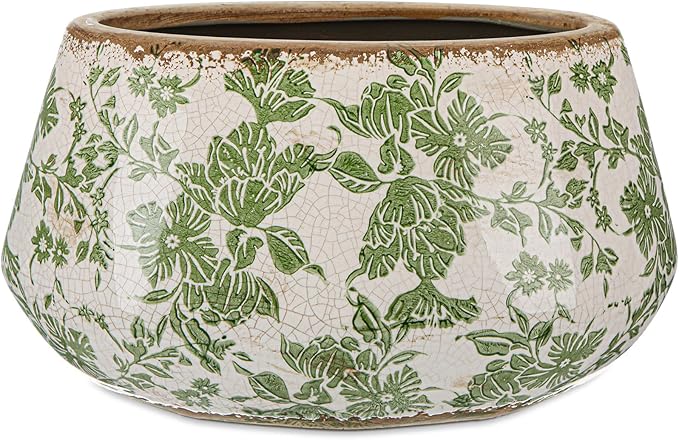 9.8 Inch Large Vintage Ceramic Planter Ice Crack Glaze Green Chrysanthemum Floral Flower Pot with Drainage Rustic Decorative Plant Pots Gifts for Home Kitchen Office Indoor Outdoor Plants