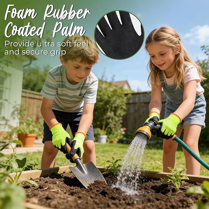 HANDLANDY 3 Pairs Kids Gardening Gloves, Micro-Foam Coated Children Toddler Garden Yard Work Gloves for Little Girls Boys (Size L, Black Green)