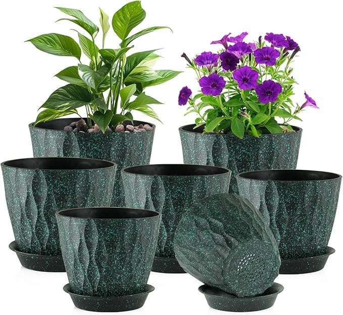 Meowell 7/6.5/6/5.5/5/4.5/4 inch Plant Pots for Indoor Outdoor Plants, 7 Pack Thick Flower Pots with Drainage Holes and Saucers, Wave Texture Plastic Planters Nursery Pots, Black with Green Speckles