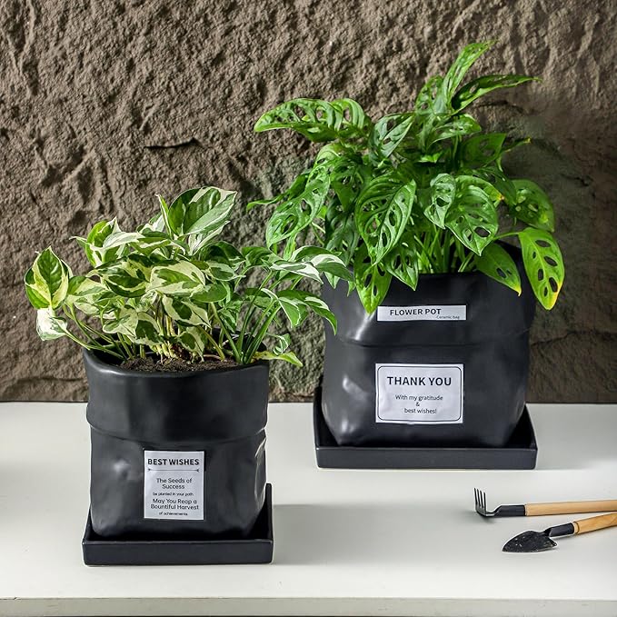 Nihow Ceramic Plant Pot: 6 Inch Planter with Drainage Hole & Square Saucer for Herbs/Plants, Bag Shape Design Flower Pot for Indoor & Outdoor Garden Decor - Black