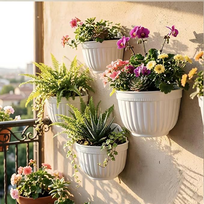 ORIMERC 8 Pack White Wall Hanging Planters Pots for Indoor Plants Wall Plants Holder with Drainage Hole Balcony Planters Railing Hanging Pot Fence Vertical Living Mount Outdoor with Hooks/Screws