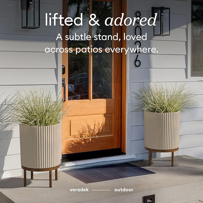 Veradek Demi Series Round Planter w/Stand for Porch/Patio | Durable Plastic-Stone Composite & Wooden Stand | Modern Décor for Tall Plants, Flowers