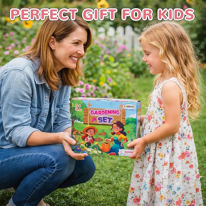 Kids Gardening Tool Set Kids Gardening Tools Shovel Rake Fork Trowel Apron Gloves Watering Can and Tote Bag Toddler Gardening Tools for Kids Best Outdoor Toys Gift for Boys and Girls