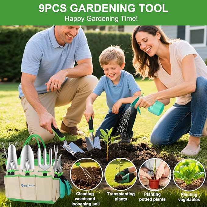 Yesker Gardening Tools 9-Piece Heavy Duty Garden Tool Set Gardening Supplies Gifts for Women Men Gardening Hand Tool Kit with Non-Slip Ergonomic Handle, Garden Bag, Durable Gloves and Shears, Green