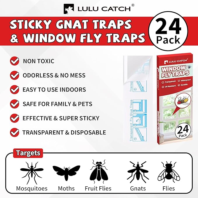 LULUCATCH Window Fly Trap, 24 Pack Fruit Fly Traps for Indoors, Sticky Gnat Trap Bug Trap, Non-Toxic Odorless Flying Insect Trap, Pet Safe Bug Catcher for Fruit Fly, Mosquitos, Fungus & Flying Insect