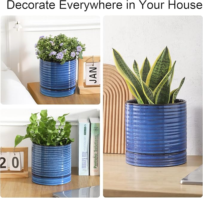 HASENSE 3 Piece Ceramic Plant Pots, 8/6/4.6 Inch, Indoor Pot for Plants with Drainage Holes and Saucer, Modern Flower Planter for Home Office, Blue