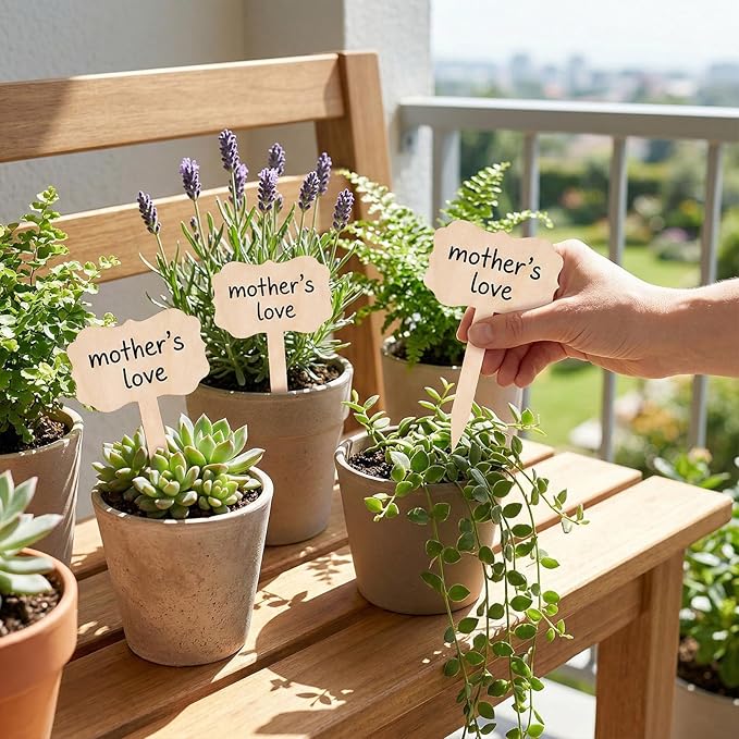 60Pcs Bamboo Plant Labels 1 Marker Pen Rectangle T-Type Wooden Plant Natural Seedling Nursery Sign Tags Wood Garden Markers Decorative Garden Tags for Outdoor Indoor Potted Herbs Flowers