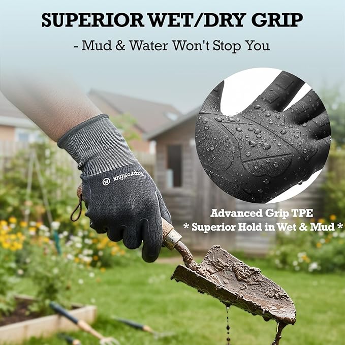 2 Pairs Thickened Non-Slip Gardening Gloves, Recyclable TPE Coating, Durable Breathable Work Gloves for Weeding, Planting, Landscaping & Yard Work, Universal Fit, Black