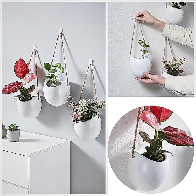 Set of 3 Small Ceramic Hanging Planters for Indoor Plants, Wall Decor for Bathroom Living Room Bedroom Home Kitchen Office Corridors