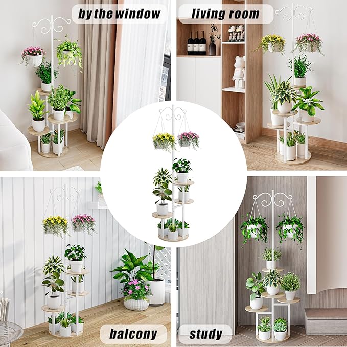 INGIORDAR Plant Stand Indoor Outdoor Corner Flower Stands Multiple Flower Pot Holder for Patio Garden Balcony Living Room 5 Tier with hook White+Sonoma Oak