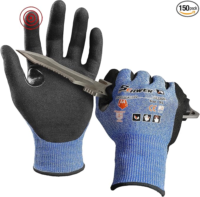 Schwer A4 AIR-SKIN Cut Resistant Work Gloves AR3900 with Extreme Lightweight & Thin, Grip Gloves for Fishing, Refined Work, Mechanic, Gardening, Touch-Screen, Non-PFAS, 3D-Comfort Fit, 150 Pair, L