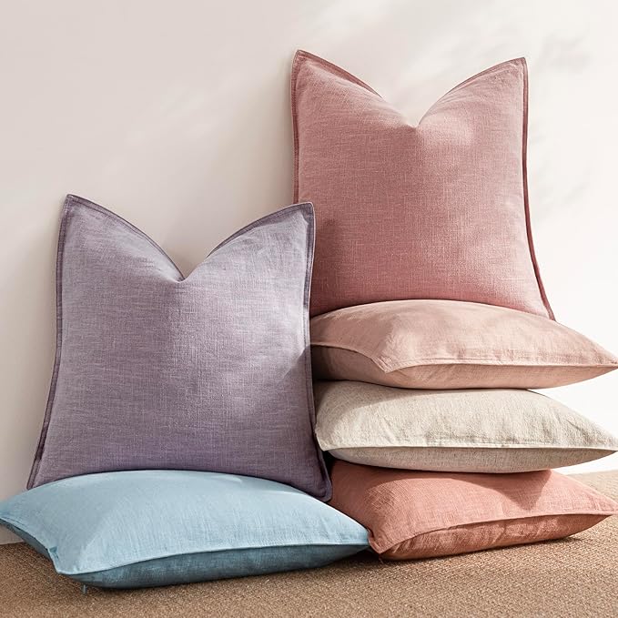 Foindtower Pack of 2, Decorative Linen Soild Throw Pillow Covers Soft Accent Cushion Euro Case Boho Farmhouse Pillowcase for Chair Couch Sofa Bedroom Living Room Home Decor 24 x 24 Inch Rose Pink