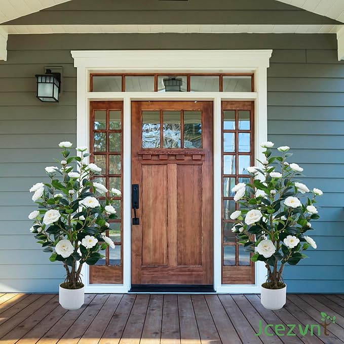 2 Pack Artificial Camellia Tree with White Pot, 38" Faux Potted Plants for Indoor Outdoor Decor, Tall Silk Greenery Plant for Home Offce Living Room Balcony, White