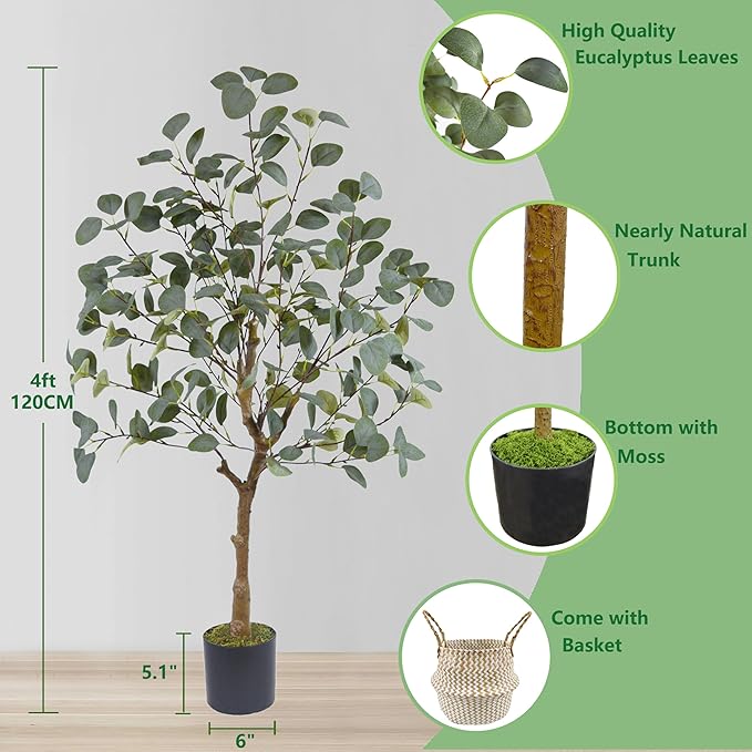 Warmplants Artificial Eucalyptus Tree, 4ft Tall Green Silk Leaves Perfect Faux Plant with Basket, Mordern Fake Eucalyptus Trees for Indoor Outdoor Home Office Livingroom Floor Décor