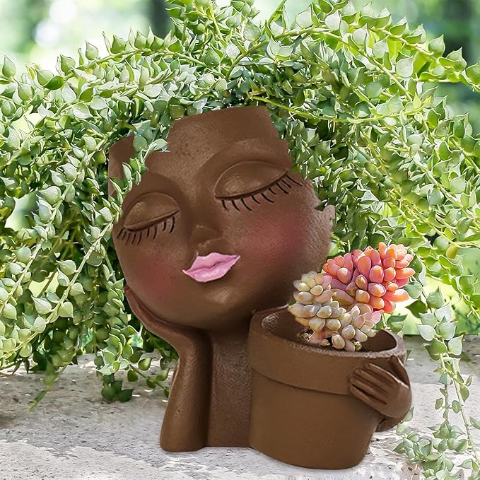 Lady Face Resin Planter Pot - Dual Planting Spaces & Drainage Holes, Indoor/Outdoor Decor for Succulents/Cactus - Unique Gift for Plant Lovers (Brown)