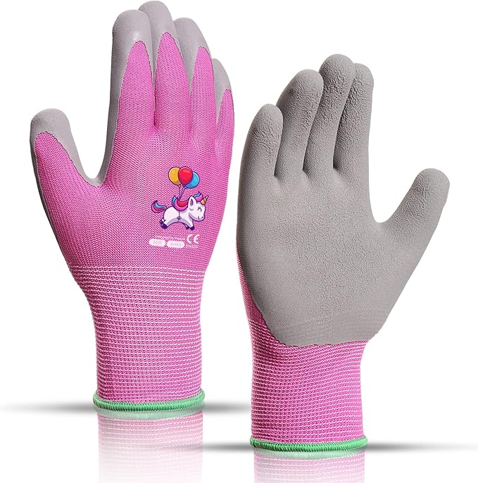 KDK Ages 5-7 Kids Gardening Gloves,Yard Work Gloves for Toddlers, Youth, Girls, Boys, Childrens, Soft Safety Rubber Gloves (XXS Age 5-7, 1 Pair Pink Unicorn)